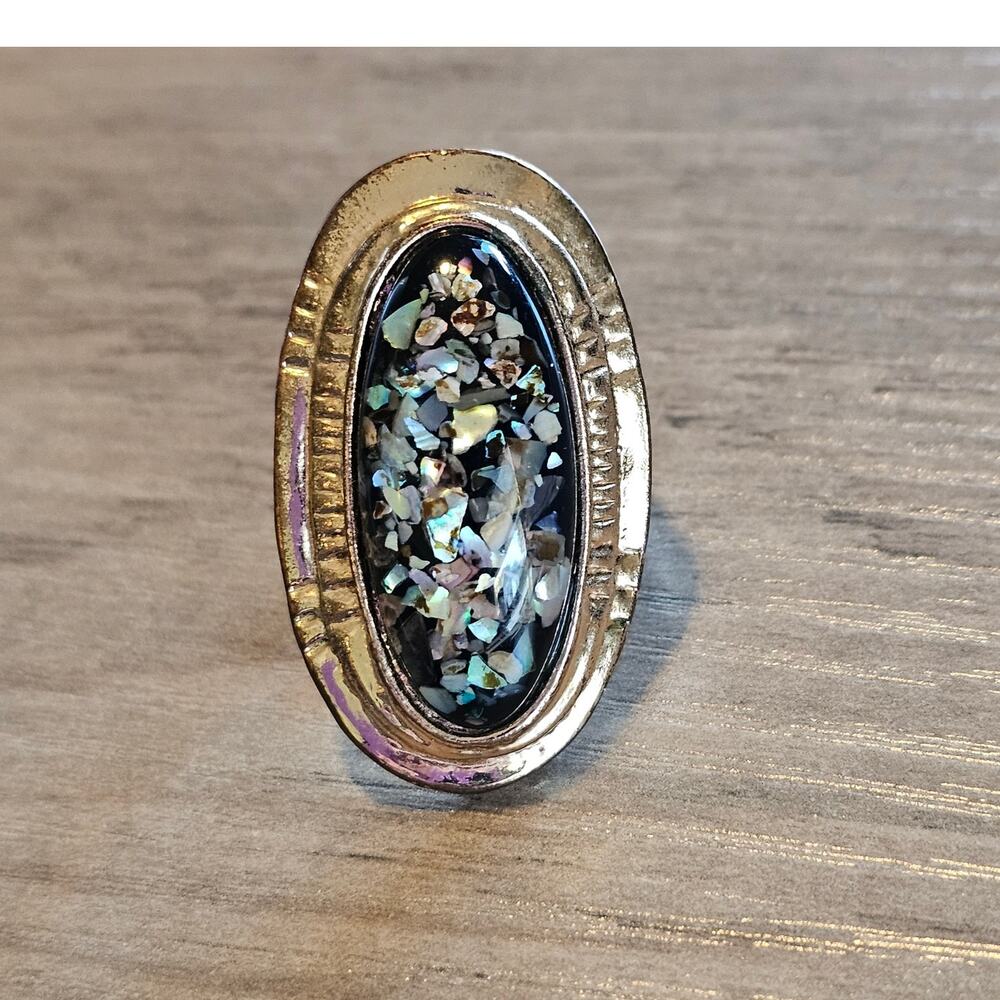 Vintage Abalone Chip In Resin Gold Trim Oval Ring Size 8